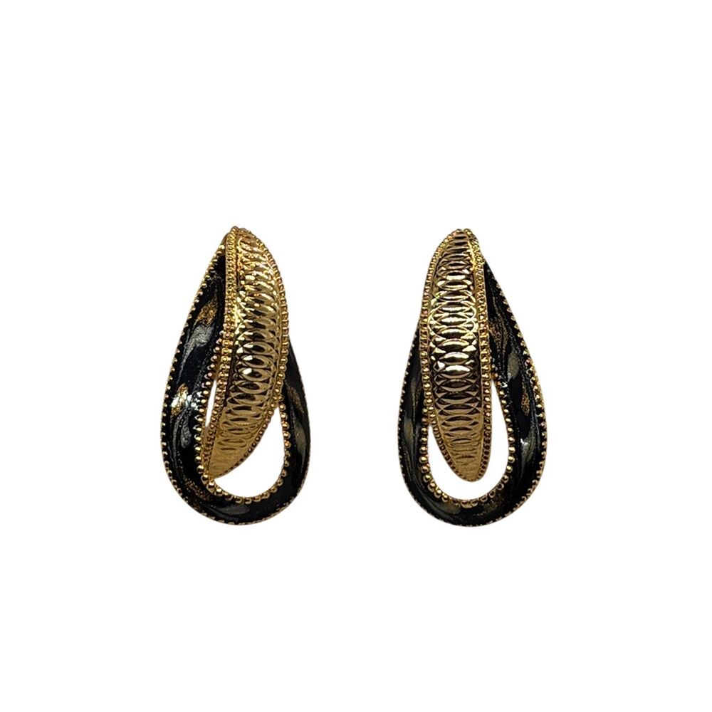 Black Enamel with Silver and Gold Hearts Gold Toned Vintage Vibe Earrings 1 1/2"